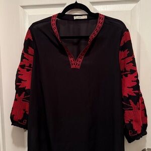 Hazel Black sheer Blouse with Red Embroidered Sleeves large